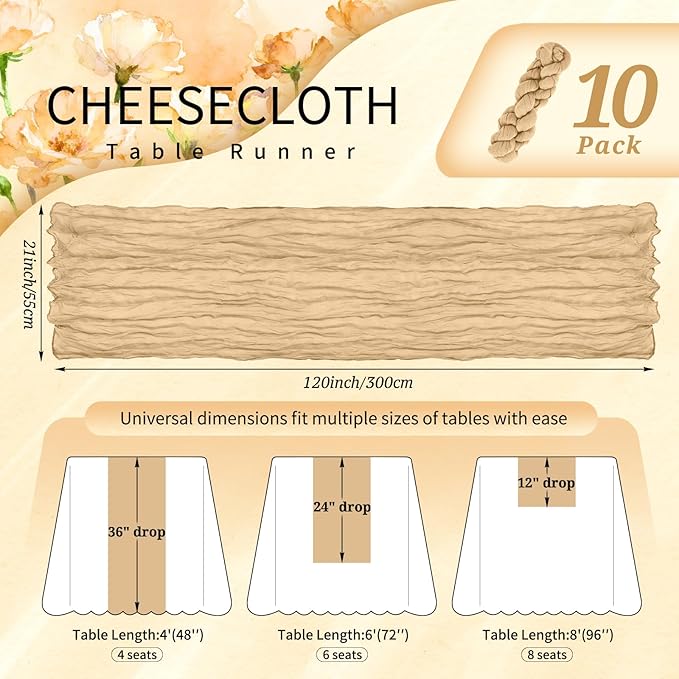 10 Pack Nude Cheesecloth Table Runner 10FT Boho Gauze Cheese Cloth Table Runners Romantic Rustic Sheer Table Decorations for Wedding Party Baby Shower Birthday Holiday Home