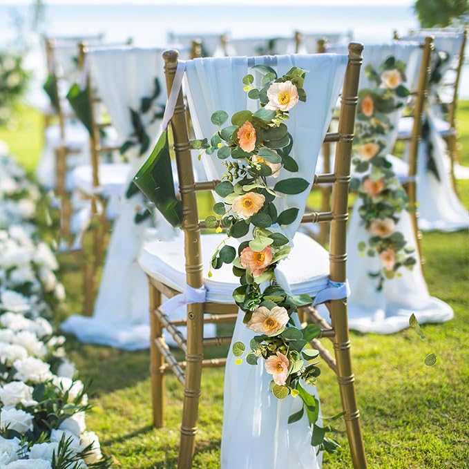 5.74 FT Artificial Poppies Flower Garland, Floral Garland Greenery Vines with Eucalyptus Hanging Flowers Vines for Home Wedding Mantle Table Outdoor Decor (Coral)