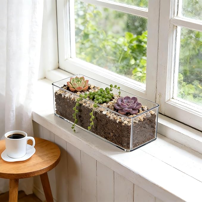 4 Set Rectangle Acrylic Planter Box 9 x 3.5 Inch Flower Boxes for Arrangements Clear Plastic Flower Box with Removable Foam Blocks Liner for Centerpiece Home Wedding Garden Decor