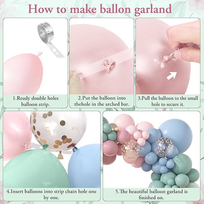 Amandir 173Pcs Pink Blue Green Balloon Arch Garland Kit, Dusty Baby Pink Mauve Pastel Mist Haze Green Blue Gold Confetti Balloons for Easter Shower Gender Reveal Wildflower Birthday Party Decorations