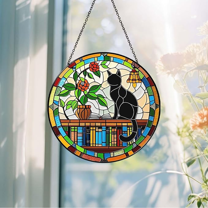 Cat Sun Catcher Stained Glass Window Hanging 9.8'', Book Lover Gifts for Women Book Wall Decor Handmade Sun Catcher Black Cat Sitting On Bookshelf Decoration for Home Room Housewarming Gifts