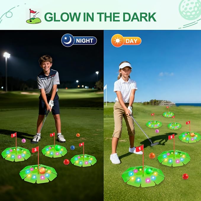 TERRAMUS Light Up Golf Play Set - Upgraded Kids Toy Golf Putting Game Set with 6 LED Targets, 2 Clubs, 6 Balls (2 Glow), Night Golf Toys Gifts for Kids Golfers Family Indoor Outdoor Beach Lawn Park