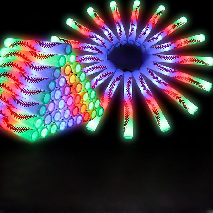 JellyArch 48 Pcs Sports Party LED Foam Sticks Baseball Foam Light up Cheer Sticks Batons with 3 Flashing Modes for Sports Events Birthday Parties Baseball Match Celebrations