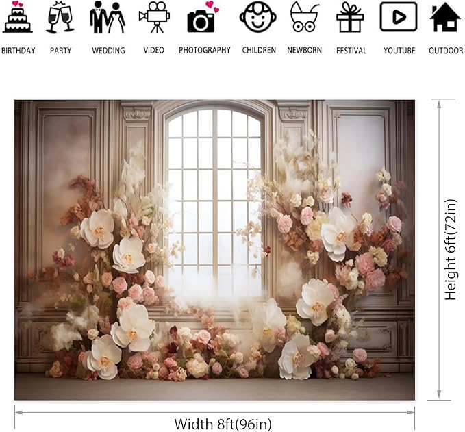 European Style Interior Room Backdrop 8x6ft Art Oil Painting Flowers French Window Photography Background Birthday Bridal Shower Women Girl Home Room Office Decor Banner Photo Studio Props