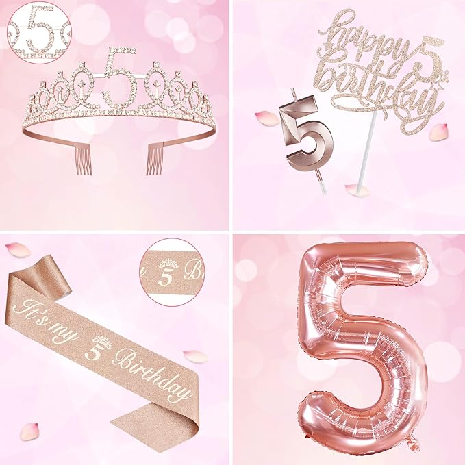 5th Birthday Decorations for Girls, Including 5th Birthday Sash and Tiara, Cake Topper and Candle, Number Balloon, 5 Year Old Girl Gifts