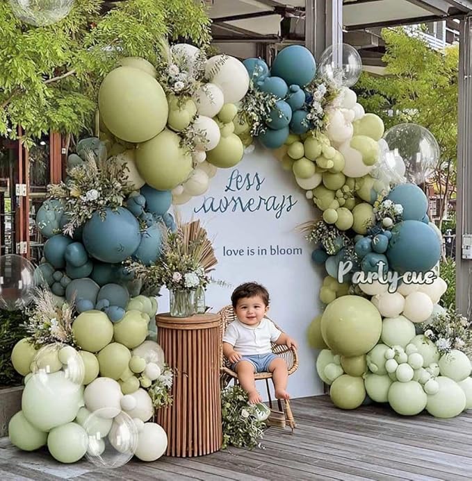 Blue Green Balloon Arch Kit Double Stuffed Dusty Mint Green Slate Blue White Pastel Olive Balloon Garland with Clear Bobo for Baby Shower Bridal Wedding Birthday Goose Easter Valentines Party Decor