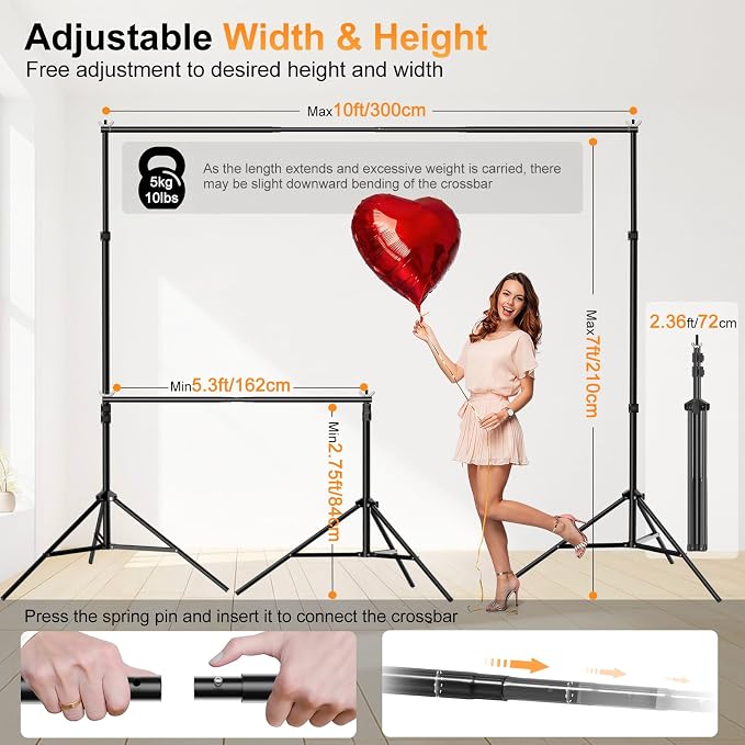 Backdrop Stand, 10x7ft(WxH) Photo Background Stand Adjustable Support Kit with 2 Crossbars, 8 Backdrop Clamps, 2 Sandbags and Carrying Bag for Parties Photography Wedding Decoration