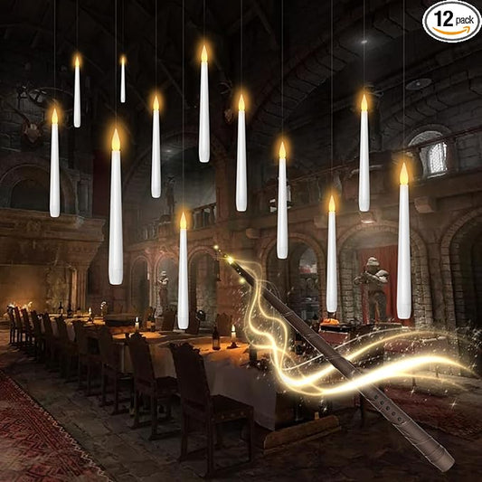 kakoya Flameless Floating Candles with Wand，12 Pcs Magic LED Hanging Taper Candles，Flickering Battery Operated Taper Candle with Wand Remote for Halloween Decorations Best Gift（White）
