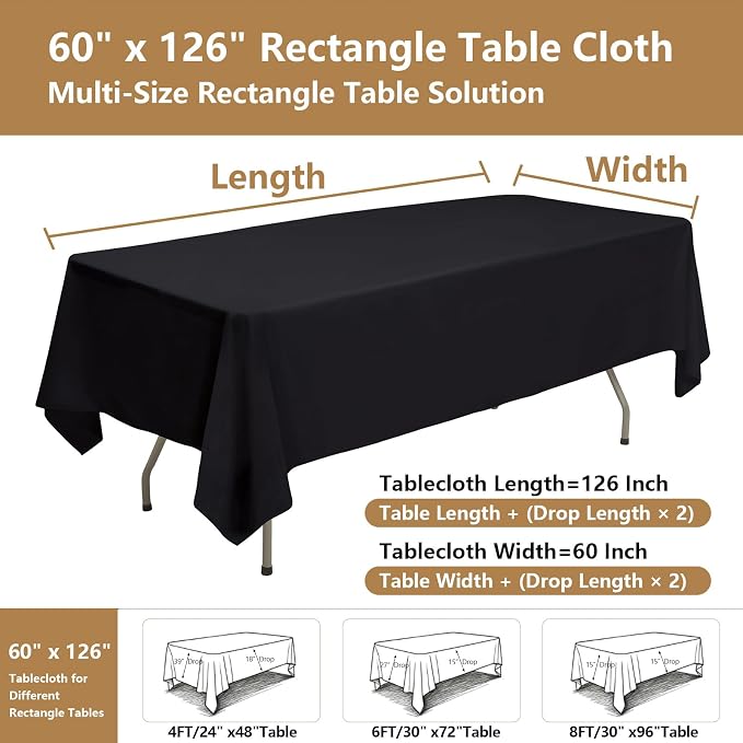Black Tablecloths for Rectangle Tables, 10-Pack - 60x126 Inch | Reusable & Washable Table Cloths for 8 Foot Tables, Polyester Fabric Tablecloth for Wedding, Party, Banquet