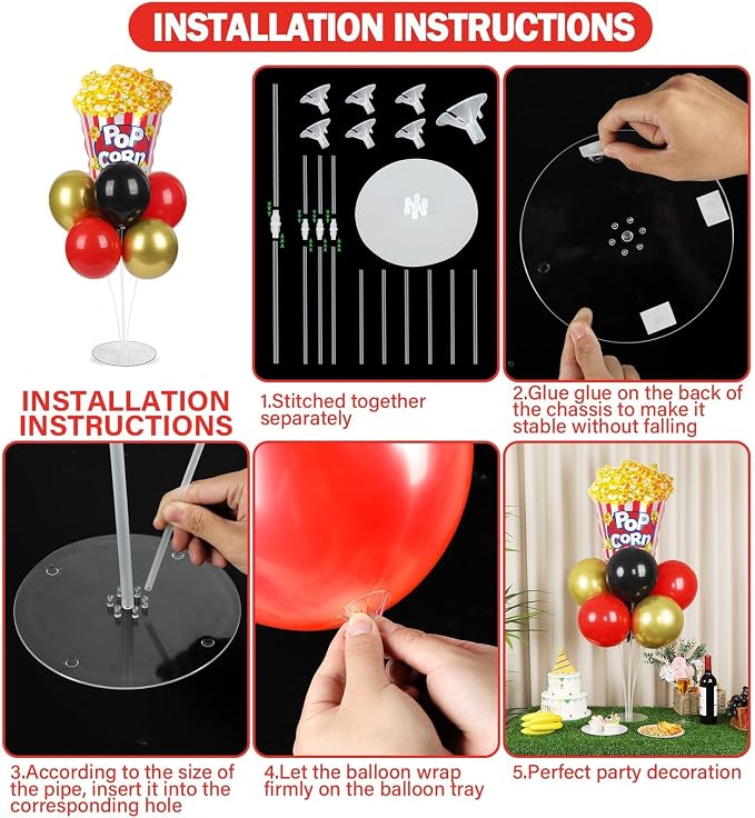 Movie Night Party Balloons Stand Kit 2 Sets with 2 Popcorn Clapboard Foil Balloons Black Red Gold Party Balloon Centerpiece for Tables for Birthday Camera Film Movie Party Decoration