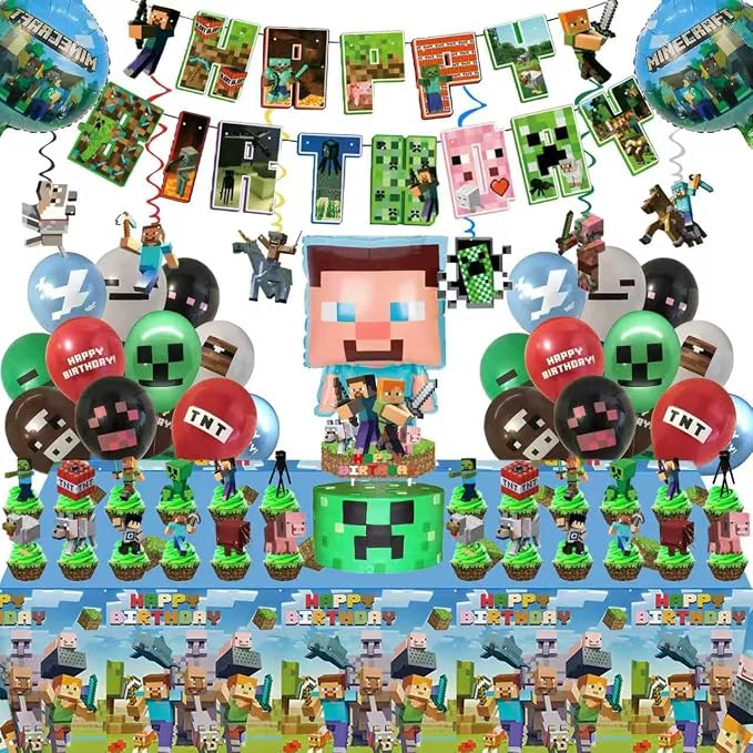 60Pcs For Pixel Birthday Party Decorations, Party Supplies Set Including Balloons, Backdrop, Banner, Tablecloth, Hanging Swirls, Cake Cupcake Toppers for Pixel Theme Party