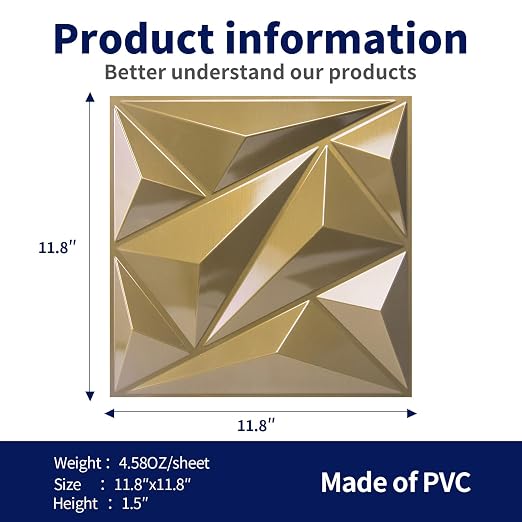 Art3dwallpanels 33 Pack 3D Wall Panel Diamond for Interior Wall Décor, PVC Textured Wall Panels, 12''x12'' Cover 32.Sq.Ft. Golden