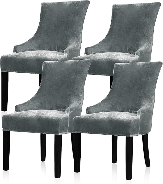 Lellen Velvet Stretch Wingback Chair Cover Slipcover - Reusable Protector Cover for Dining Room Banquet Home Decor etc Machine Washable Hand Washable (Charcoal Grey, 4PC)