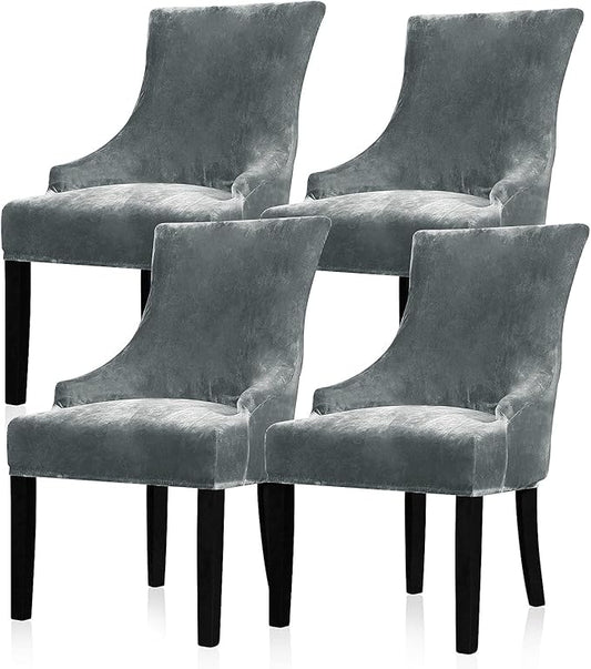 Lellen Velvet Stretch Wingback Chair Cover Slipcover - Reusable Protector Cover for Dining Room Banquet Home Decor etc Machine Washable Hand Washable (Charcoal Grey, 4PC)