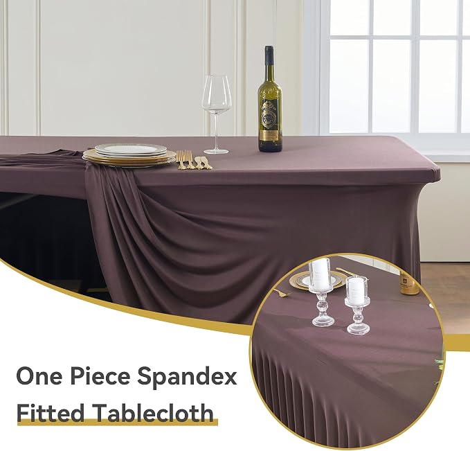 Outpain Brown Spandex Table Clothes for 6 Foot Rectangle Tables-6Pack 6FT Spandex Fitted Table Cover, Wrinkle Free Tablecloths with Skirt for Parties, Wedding, Birthday, Banquet, Festival