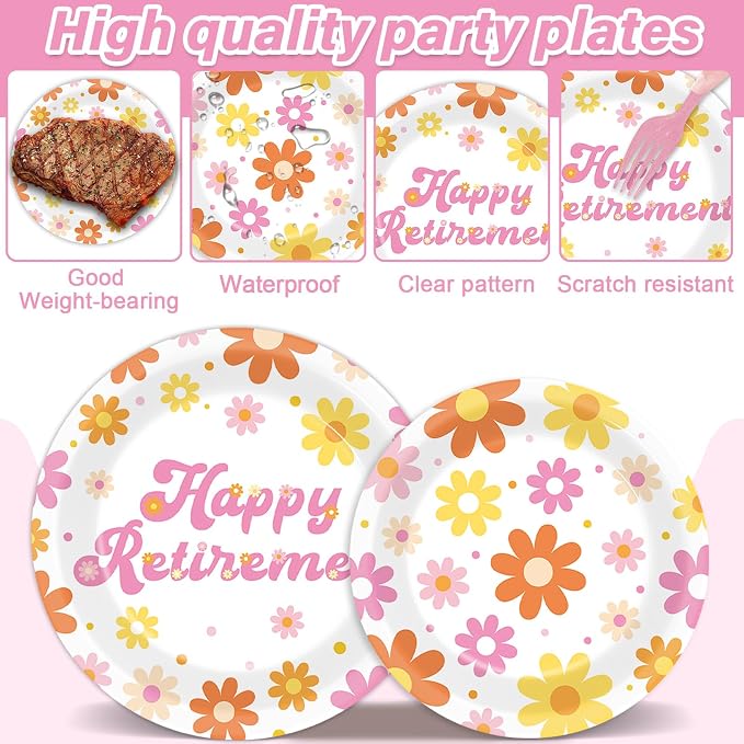 96Pcs Retirement Party Supplies Happy Retirement Plates and Napkins Colorful Daisy Flower Tableware Set Floral Disposable Dinnerware for Women Goodbye Going Away Farewell Party Decorations 24 Guests