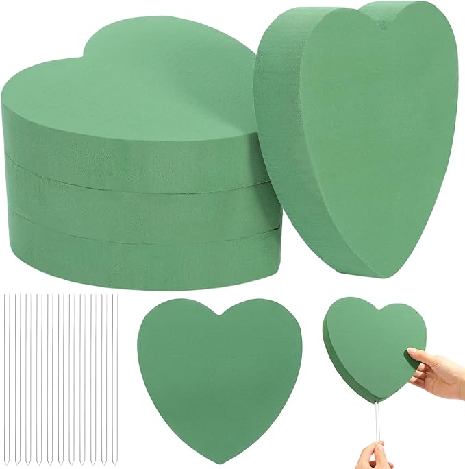 Pangda 6 Pcs Heart Shaped Floral Foam Wet Florist Foam Blocks with 12 Pcs Clear Plant Support Stakes DIY Flower for Wedding Bridal Shower Anniversary Party Table Centerpiece Decoration, 8"x 8" x 1.47"