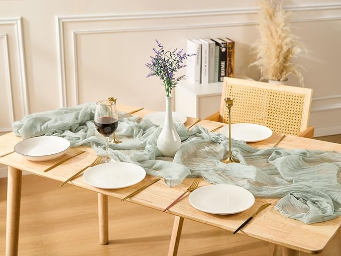 Sage Green Spring Table Runner Boho Cheesecloth Table Runner 120 inches Crinkled Gauze Sheer Mother's Day Table Centerpieces for Wedding Ceremony Anniversary Bridal Baby Shower Banquet