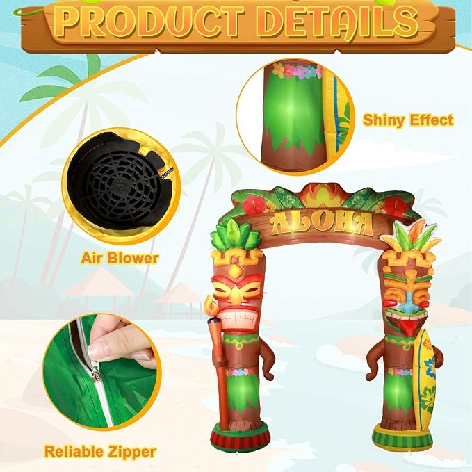10Ft Hawaiian Tiki Inflatables Luau Party Inflatable Decor Tiki Inflatable Arch with Built-in LED Lights Blow Up Archway Decor for Summer Tropical Aloha Birthday Beach Pool Party Yard Lawn Supplies
