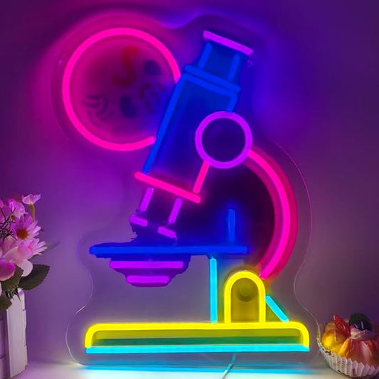 Microscope Neon Sign LED Neon Light Sign for Wall Decor, Science Classroom Decor Neon Signs for Lab Biology Room Study Room Teacher Office Party Education Wall Decoration