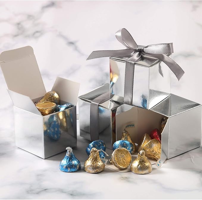 KPOSIYA 70 Pack Favor Boxes 2x2x2 inch Candy Boxes Silver Gift Boxes with Ribbons for Wedding Baby Shower Decorations Birthday Party Supplies