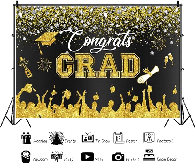 Leowefowa Congrats Grad Backdrop 10x6.5ft Black Gold Glitter Graduation Backdrops for Photography Congratulations Graduates Backdrop Banner Grad Prom Party Decor Grad Photo Booth Props