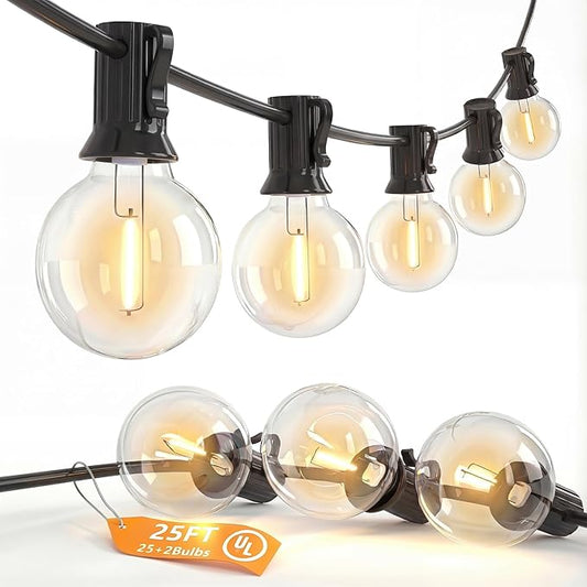 SUNSGNE G40 LED Globe Outdoor String Lights Waterproof Shatterproof, 25FT Outdoor Globe Lights with 25 Clear Plastic LED Bulbs for Café Bistro Porch Pergola Tents Balcony Decor, Black Wire