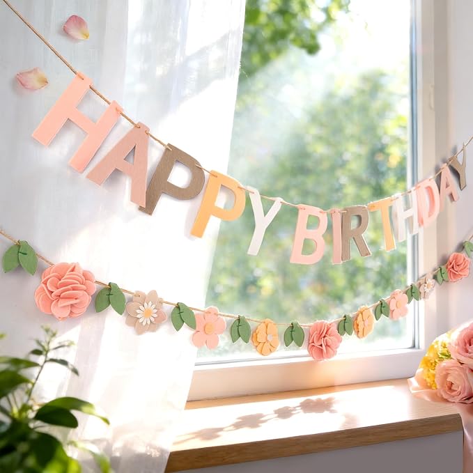 Felt Happy Birthday Banner, with Handmade Felt Flower Garland, Flower Party Decorations, Pre-Strung Birthday Decorations for Girls Women Mom, Floral Birthday Party Decor