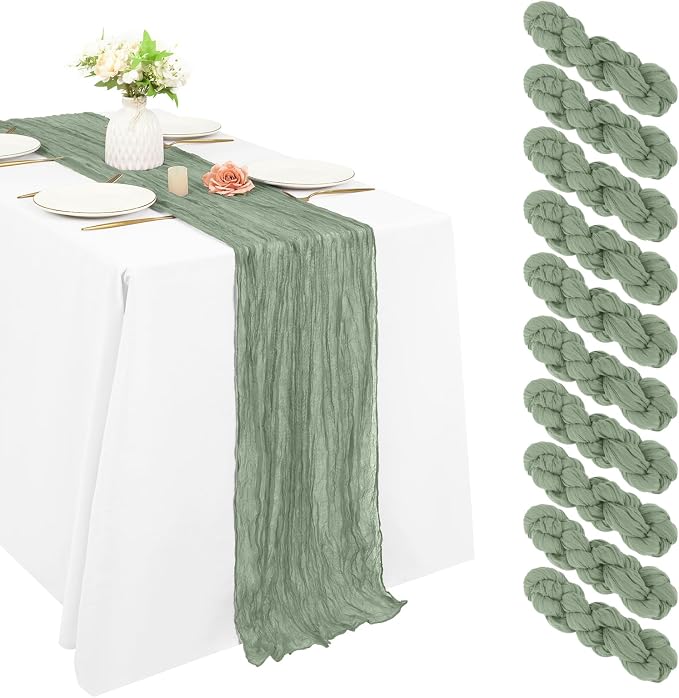 10 Pack Cheesecloth Table Runner 17 x 108 inch Long Boho Gauze Table Runners Semi Sheer Table Runner for Wedding Decor, Baby Shower, Birthday Party, Banquet (Sage Green)