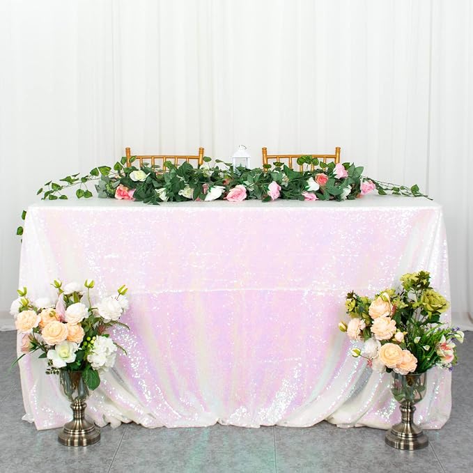 ShiDianYi Iridescent White Tablecloth 90X156 Inch Sequin Tablecloths for Birthday Baby Shower Decor White Table Cloth for Rectangle Table Shimmer Mermaid Linen Rectangular