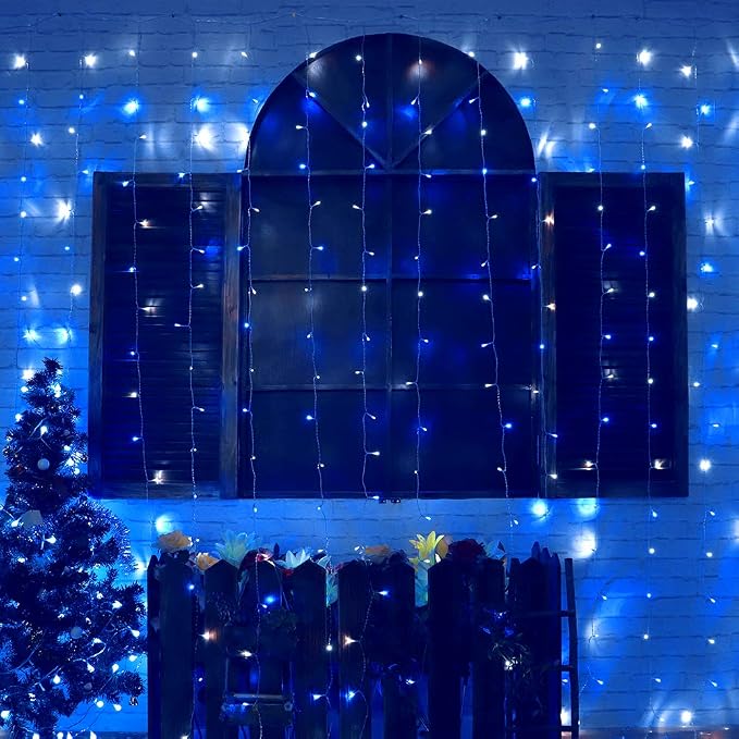 HEYFUNi Fairy Curtain Lights Plug in, 304 LED 9.8FT x 9.8FT, Blue & White | 8 Modes Backdrop Window Lights for Bedroom, Hanging String Lights for Christmas, Party, Patio, Lawn, Garden, Wedding Decor