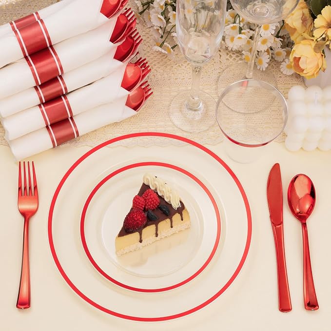 700PCS 4th of July Plastic Plates, Clear Red Disposable Plastic Dinnerware Set for 100 Guests, 200 Plastic Plates, 100 Cups, 100 Pre-Rolled Napkins with Cutlery for Party, Christmas, Birthday, Wedding