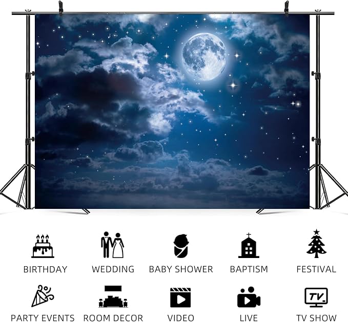 12x8ft Moon Backdrop Full Moon Night Starry Sky Photography Background Bright Stars Cloud Girl Boy Birthday Party Baby Shower Banner Decorations Kids Newborn Portrait Photo Booth Prop
