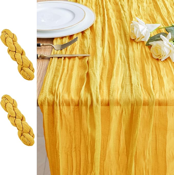 2PCS Table Runner Cheesecloth 10FT Gold Boho Gauze Cheese Cloth Rustic Sheer Table Runners for Wedding Bridal Baby Shower Party Decoration