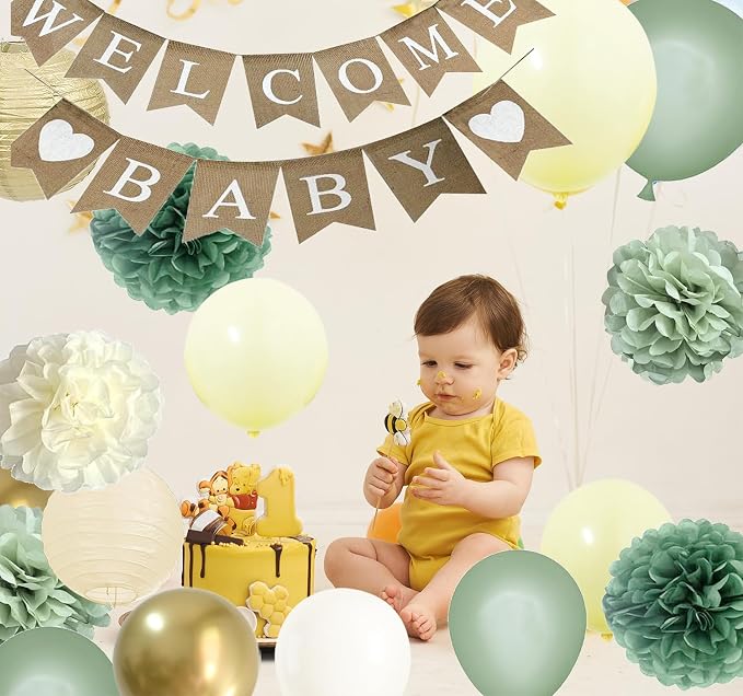 Welcome Baby Shower Decorations - Sage Green Beige Baby Gender Reveal Party Balloons Decor with Pre-strung Burlap Sign Banner Wall Hanging Supplies (Soft yellow + Sage + Gold)