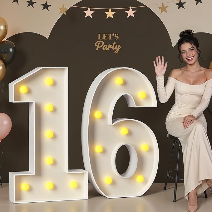 Mixifox 16 Light up Numbers 3 Feet Tall, 16 Marquee Numbers for Party, Sweet 16 Birthday Decorations, Big 16 Sign with Light for Anniversary, Birthday Backdrop Decor