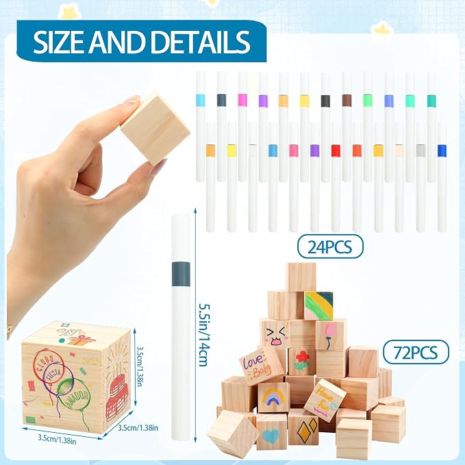 97 Pcs Baby Shower Games Sign Kit,Including Decorate a Block Game Sign 72 DIY Blank Wooden Block 24 Pen to Draw Your Idea for Cowboy Baby Shower Party Game Gender Reveal Party