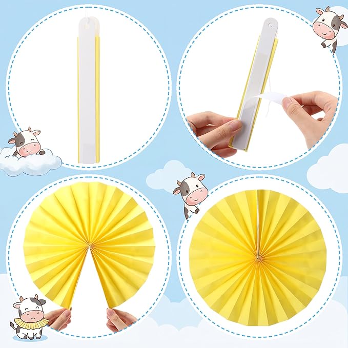 Outus 9 Pcs Cartoon Story Party Paper Fans Blue Sky White Clouds and Cow Print Hanging Decorations Red Yellow Blue Paper Fans Hanging Ceiling Wall Decors for Birthday Baby Shower Party Supplies
