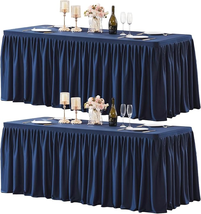2 Packs Navy Blue Polyester Table Clothes for 4 Foot Rectangle Tables, Wrinkle Free Fitted Table Cover 4ft Stretch Tablecloths with Skirt for Parties Weddings Birthday Banquet Baby Shower