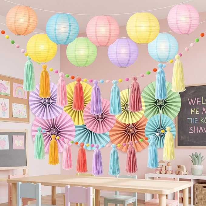 Feifeiya 20 Pcs Pastel Party Decorations for Classroom include 9 Hanging Paper Lanterns 9 Paper Fans 2 Pastel Rainbow Tassel Garland for Classroom Home Decor Birthday Baby Shower Wedding Supplies