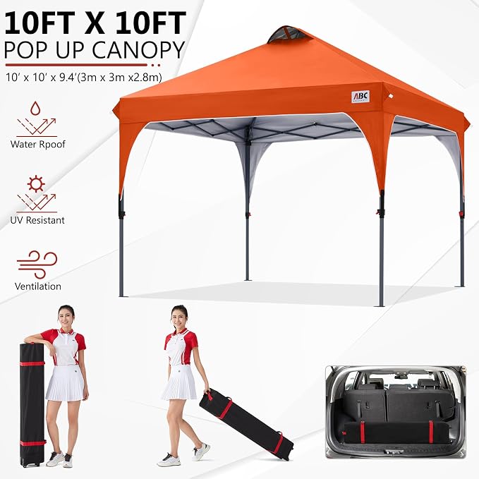 ABCCANOPY Outdoor Pop up Canopy Tent, 10x10 Instant Portable Canopy for Camping, Beach, Backyard,Orange