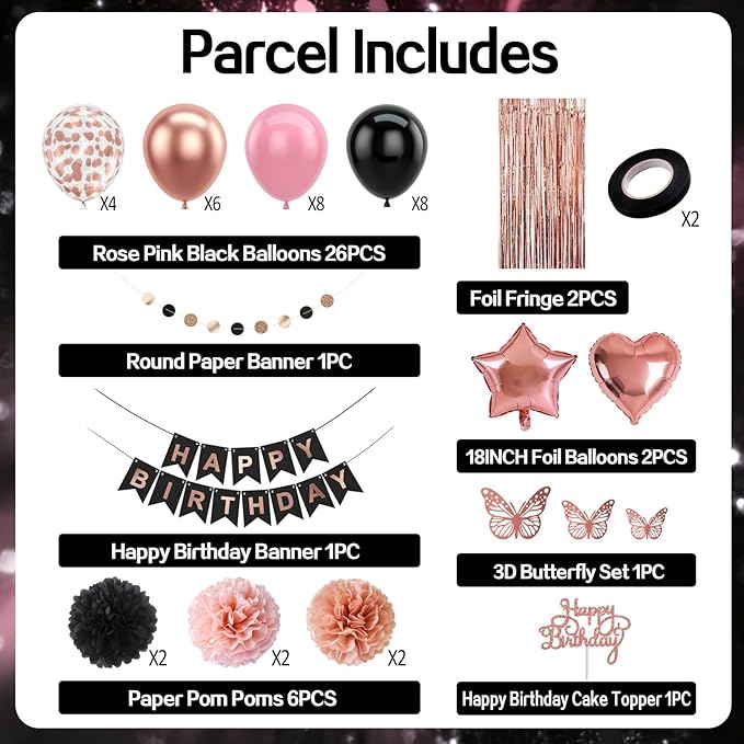 Rose Gold Black Birthday Party Decorations 12INCH Black Pink Rose Confetti Balloon Happy Birthday Banner Cake Topper Fringe Curtain Paper Pom Poms Butterfly Sticker 18INCH Heart Star Foil Girls Women
