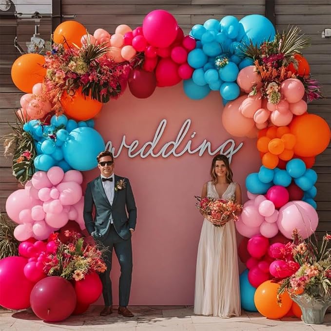 Hot Pink Blue Orange Balloon Garland - Double Stuffed Teal Orange Pastel Pink Peach Latex Metallic Burgundy Balloon Arch Kit for Colorful Baby Shower Wedding Gathering Birthday Party Decoration