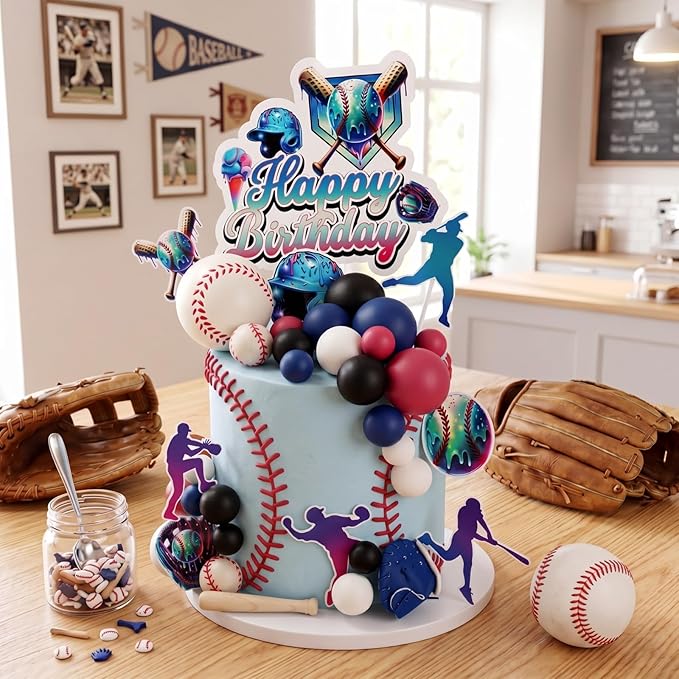 Novabright 42 Pcs Baseball Ice Cream Drip Birthday Cake Decorations Baseball Themed Birthday Cake Toppers Detachable Photo Props for Party Supplies (Ice Cream,Black)