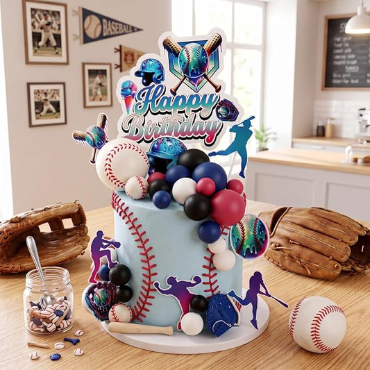 Novabright 42 Pcs Baseball Ice Cream Drip Birthday Cake Decorations Baseball Themed Birthday Cake Toppers Detachable Photo Props for Party Supplies (Ice Cream,Black)
