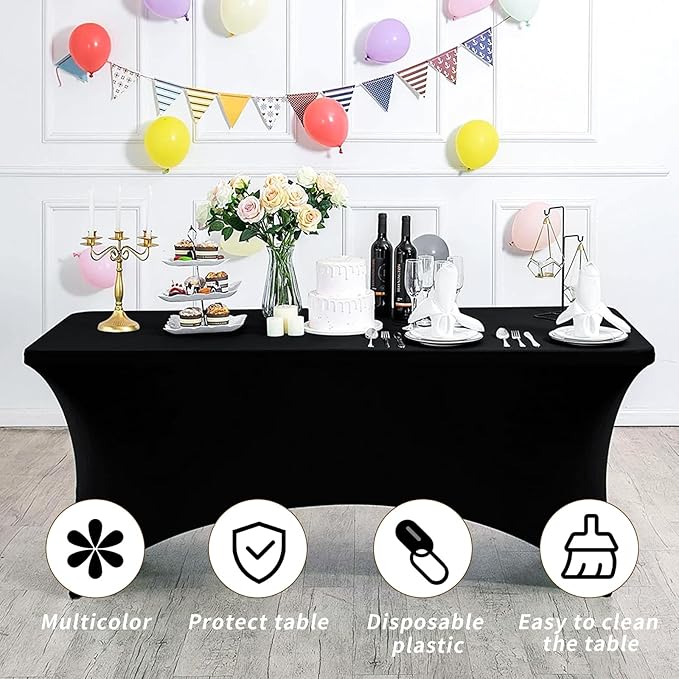 Fixwal 10 Pack 6Ft Black Table Cover, Spandex Fitted Tablecloths Rectangle, Wrinkle-Free and Stretch Folding Table Cloth for Banquet, Wedding, Party, Trade Show