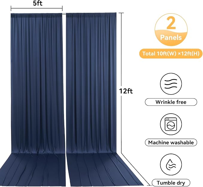 10x12 ft Navy Blue Backdrop Curtain for Wedding Parties, Wrinkle Free 2 Panels 12 ft Long Polyester Photo Backdrop Drapes Back Drop Cloth for Birthday Photography Background Party Backdrop