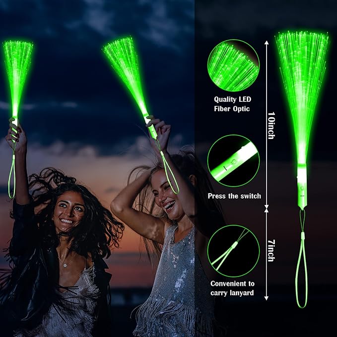 60 PCS Green Fiber Optic Wands Glow Fiber Wands Bulk LED Light Up Wands with 3 Flashing Modes LED Flashing Sticks for Hawaii Carnival Christmas St. Patrick’s Day Wedding Bridal Shower Birthday