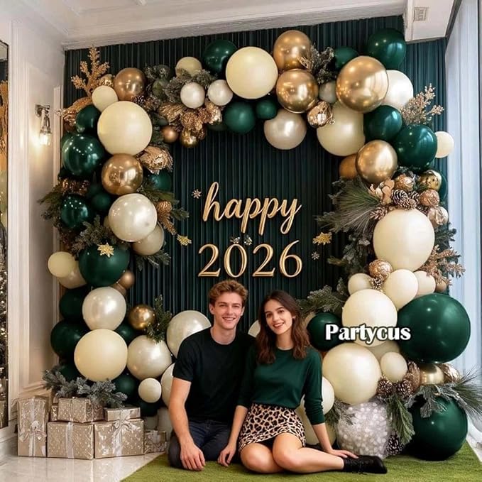 Emerald Green Gold Balloon Arch Kit, Double Stuffed Dark Forest Green Pearl White Sand Ivory Balloon Garland for Birthday Wedding Anniversary Graduation Jungle Mother's Day New Year Party Decoration