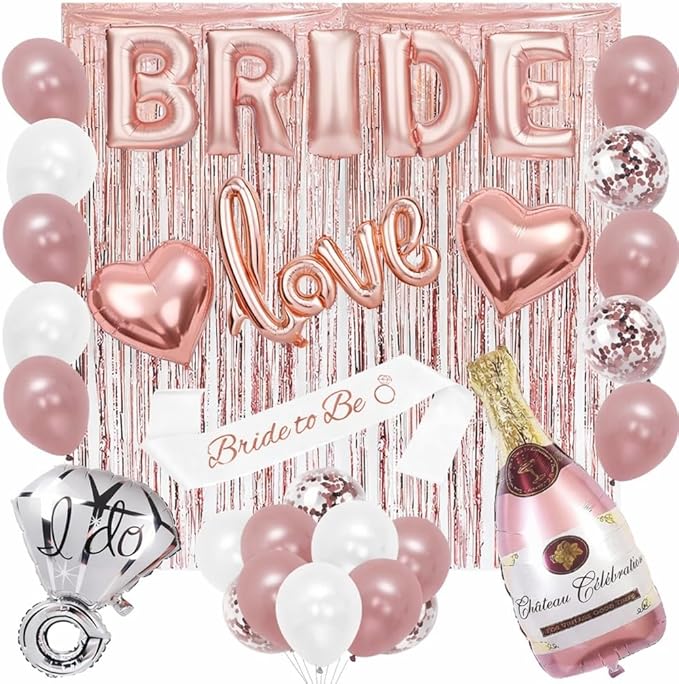 Bachelorettesy 28pc Bachelorette Party Decorations Kit for Bride to Be, Bridal Shower Decorations, Engagement Party – Balloons, Sash, Foil Backdrop Curtain (Rose Gold)